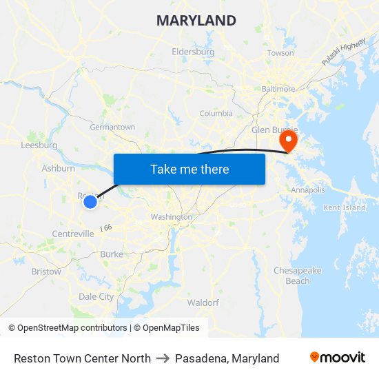 Reston Town Center North to Pasadena, Maryland map