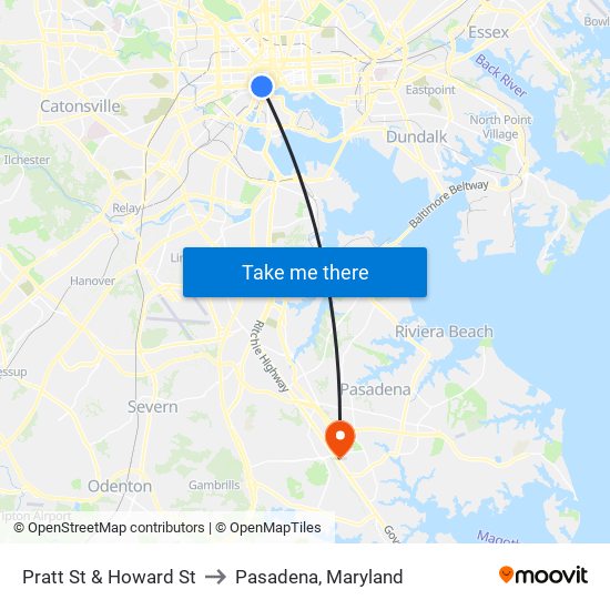 Pratt St & Howard St to Pasadena, Maryland map