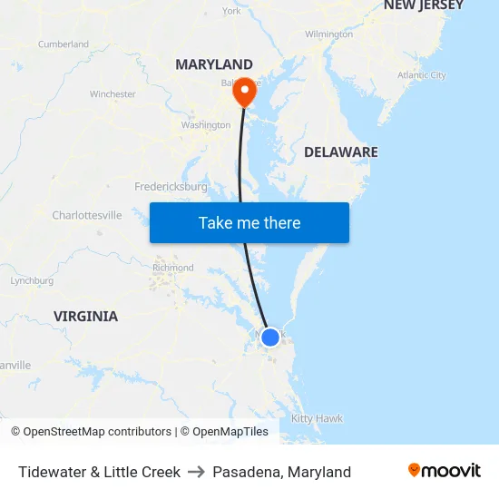 Tidewater & Little Creek to Pasadena, Maryland map