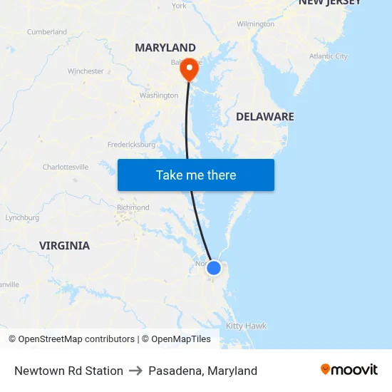 Newtown Rd Station to Pasadena, Maryland map
