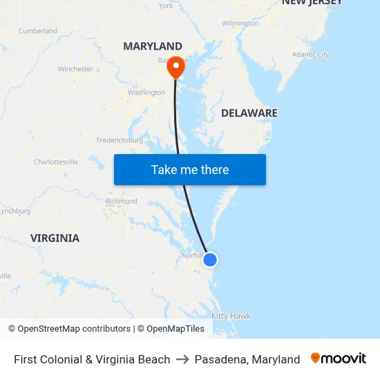First Colonial & Virginia Beach to Pasadena, Maryland map