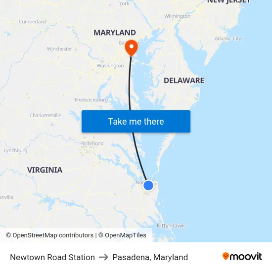 Newtown Road Station to Pasadena, Maryland map