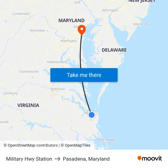 Military Hwy Station to Pasadena, Maryland map