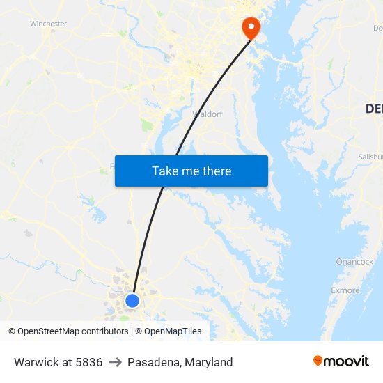 Warwick at 5836 to Pasadena, Maryland map