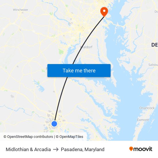 Midlothian & Arcadia to Pasadena, Maryland map