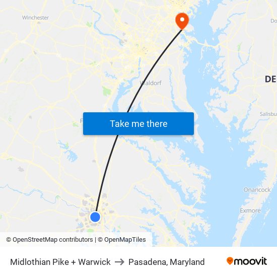 Midlothian Pike + Warwick to Pasadena, Maryland map