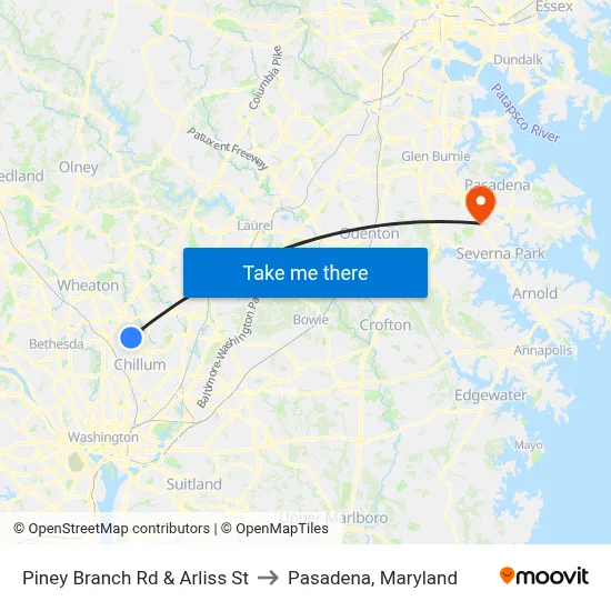 Piney Branch Rd & Arliss St to Pasadena, Maryland map