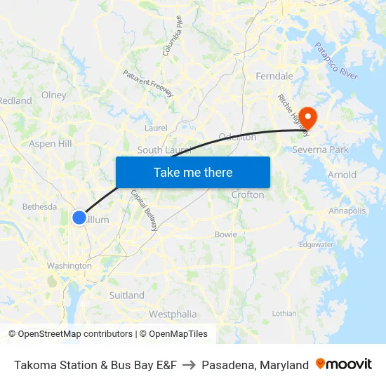 Takoma Station & Bus Bay E&F to Pasadena, Maryland map