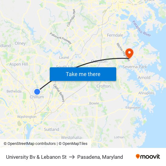 University Bv & Lebanon St to Pasadena, Maryland map