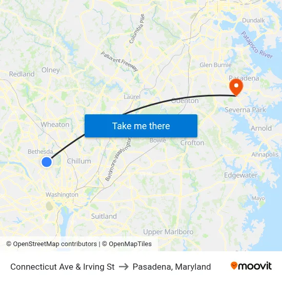 Connecticut Ave & Irving St to Pasadena, Maryland map