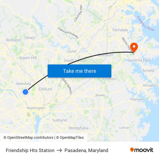 Friendship Hts Station to Pasadena, Maryland map