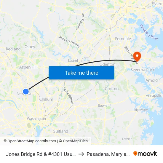 Jones Bridge Rd & #4301 Usuhs to Pasadena, Maryland map