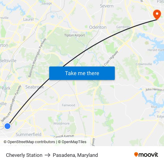 Cheverly Station to Pasadena, Maryland map