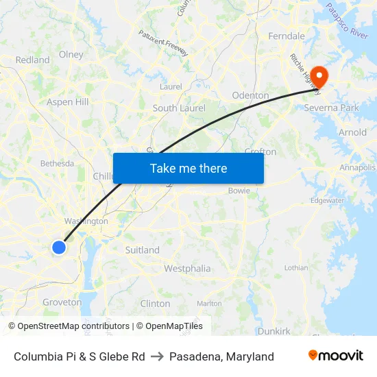 Columbia Pi & S Glebe Rd to Pasadena, Maryland map