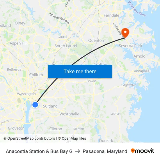 Anacostia Station & Bus Bay G to Pasadena, Maryland map