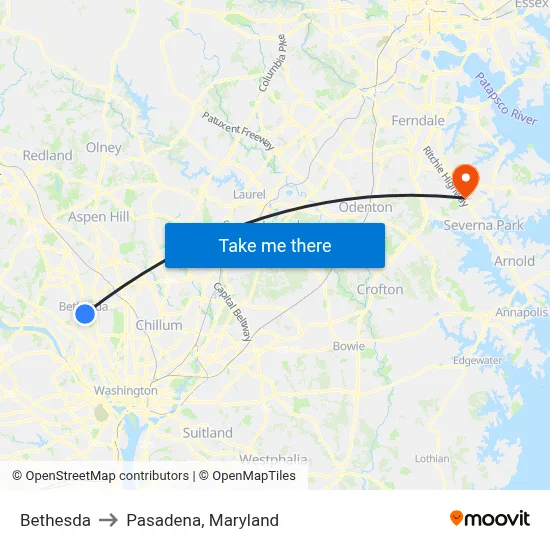 Bethesda to Pasadena, Maryland map