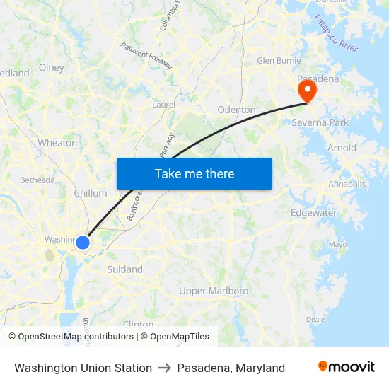 Washington Union Station to Pasadena, Maryland map