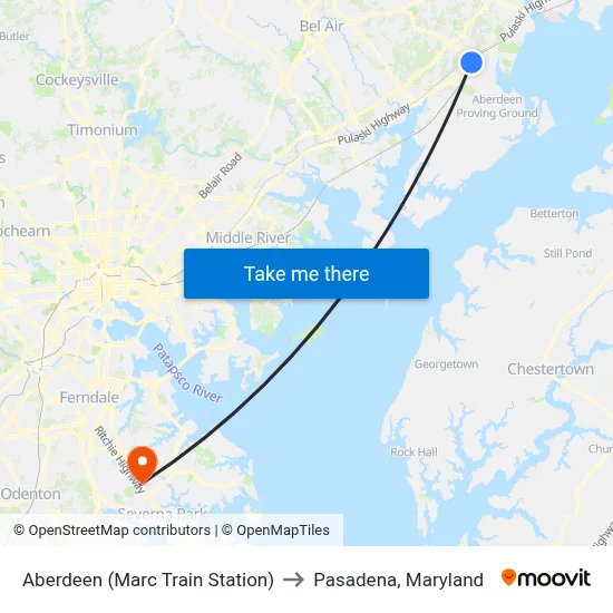 Aberdeen (Marc Train Station) to Pasadena, Maryland map