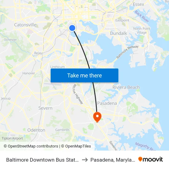 Baltimore Downtown Bus Station to Pasadena, Maryland map