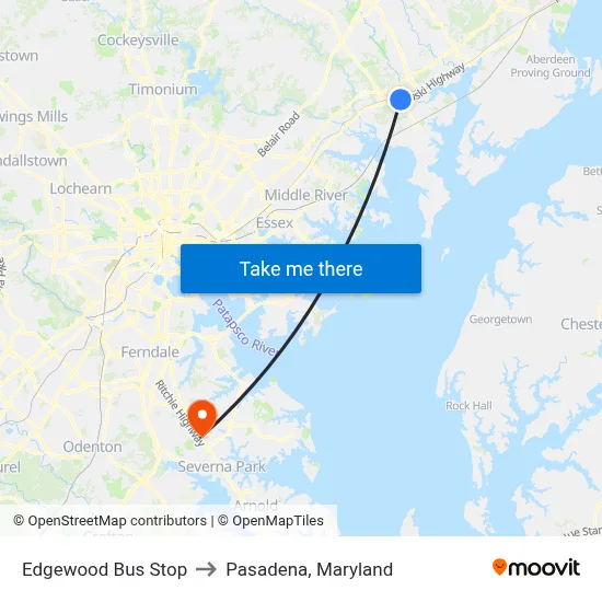 Edgewood Bus Stop to Pasadena, Maryland map