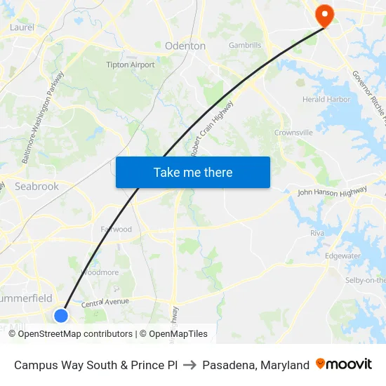 Campus Way South & Prince Pl to Pasadena, Maryland map