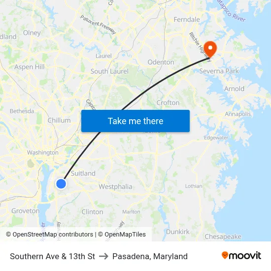 Southern Ave & 13th St to Pasadena, Maryland map