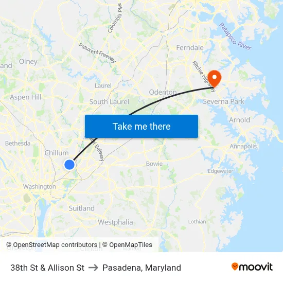 38th St & Allison St to Pasadena, Maryland map