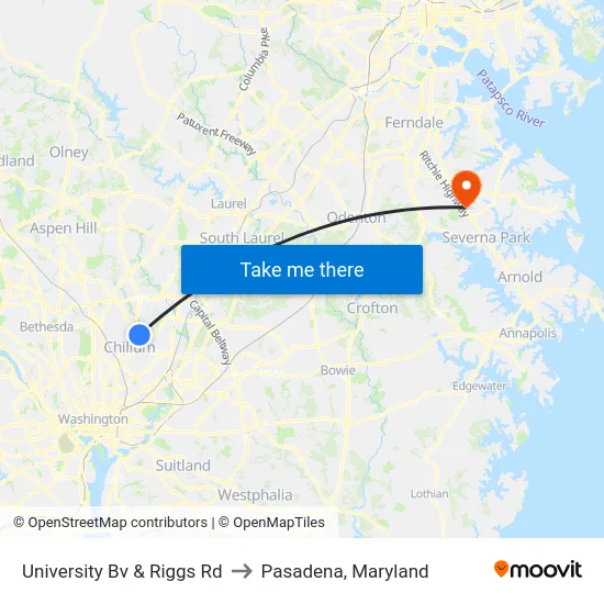 University Bv & Riggs Rd to Pasadena, Maryland map