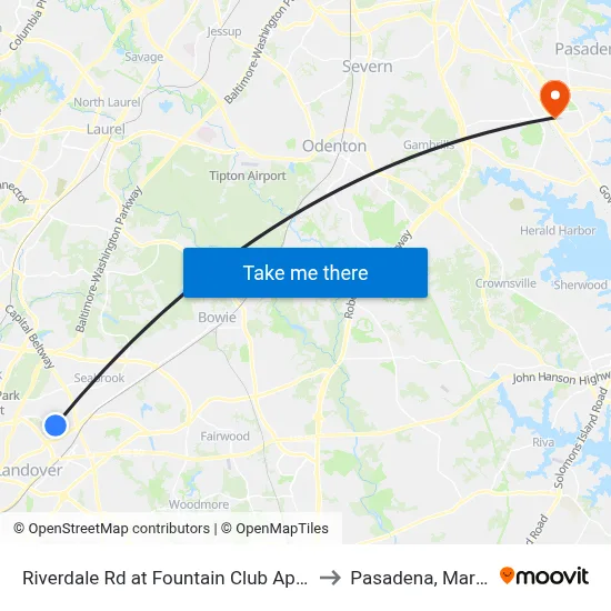 Riverdale Rd at Fountain Club Apartments to Pasadena, Maryland map