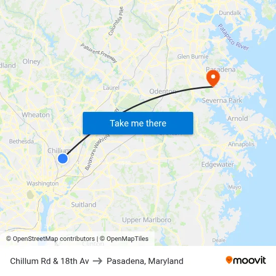 Chillum Rd & 18th Av to Pasadena, Maryland map