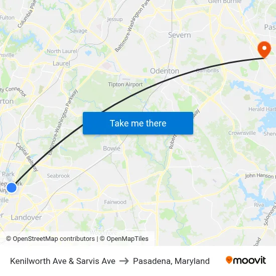 Kenilworth Ave & Sarvis Ave to Pasadena, Maryland map