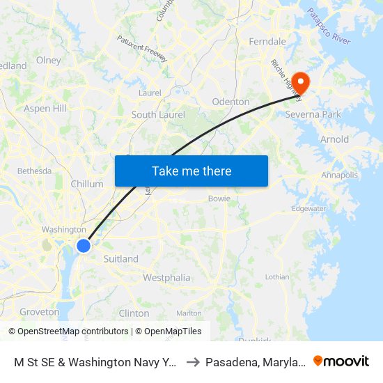 M St SE & Washington Navy Yard to Pasadena, Maryland map