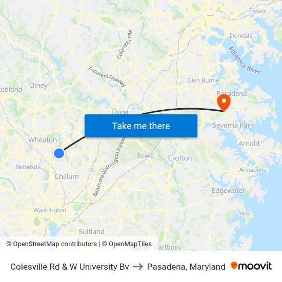 Colesville Rd & W University Bv to Pasadena, Maryland map