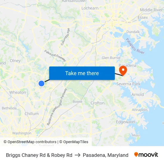 Briggs Chaney Rd & Robey Rd to Pasadena, Maryland map