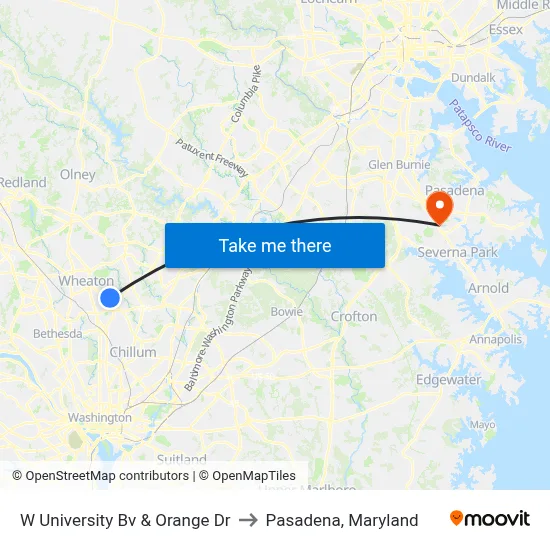 W University Bv & Orange Dr to Pasadena, Maryland map