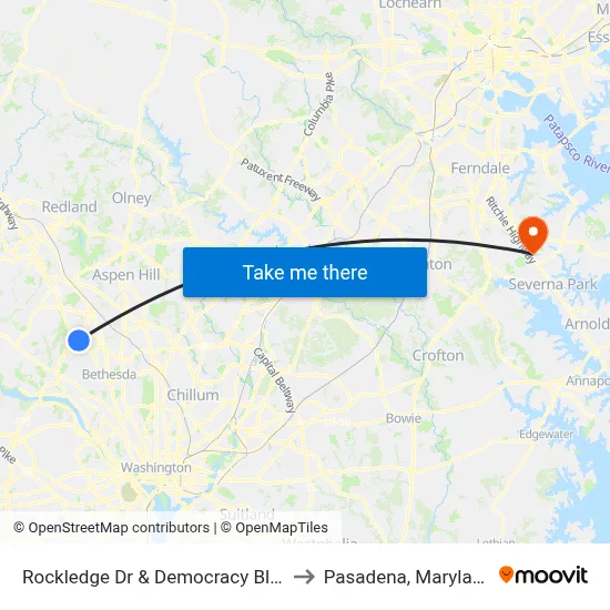 Rockledge Dr & Democracy Blvd to Pasadena, Maryland map