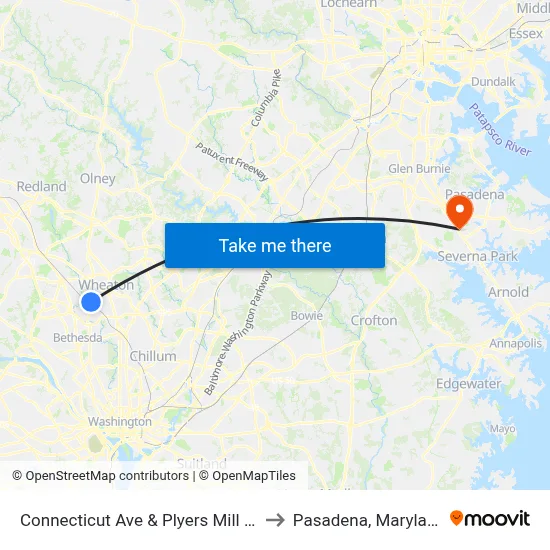 Connecticut Ave & Plyers Mill Rd to Pasadena, Maryland map