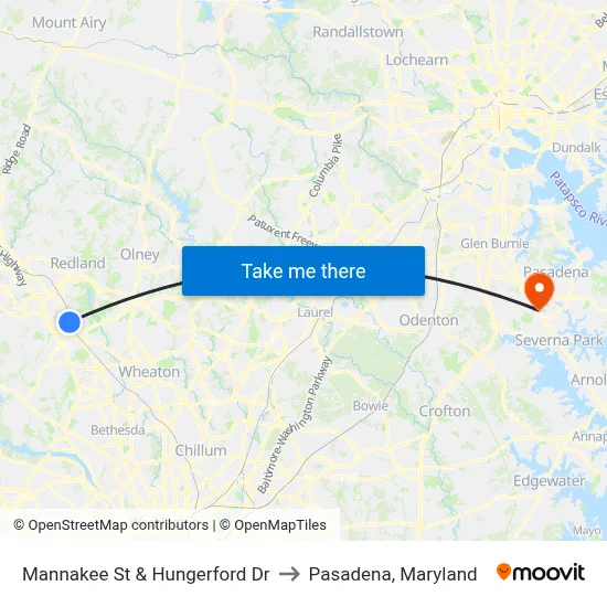 Mannakee St & Hungerford  Dr to Pasadena, Maryland map