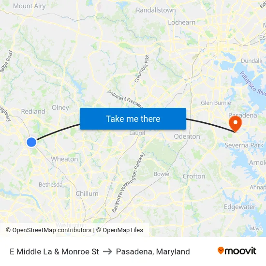 E Middle La & Monroe St to Pasadena, Maryland map