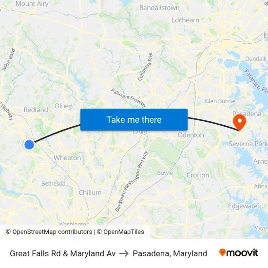 Great Falls Rd & Maryland Av to Pasadena, Maryland map