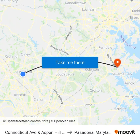 Connecticut Ave & Aspen Hill Rd to Pasadena, Maryland map