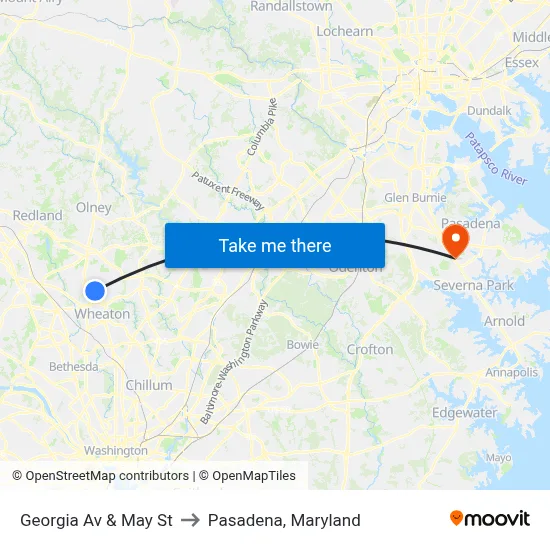 Georgia Av & May St to Pasadena, Maryland map