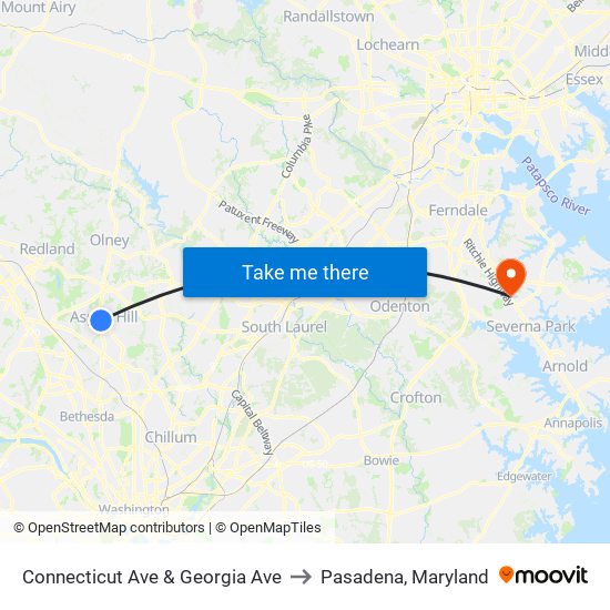 Connecticut Ave & Georgia Ave to Pasadena, Maryland map