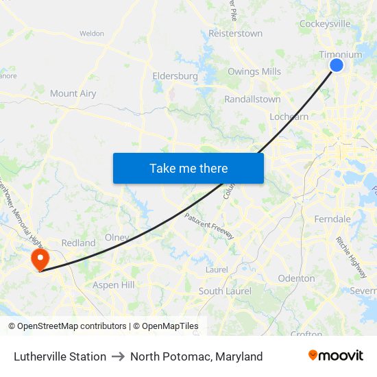 Lutherville Station to North Potomac, Maryland map