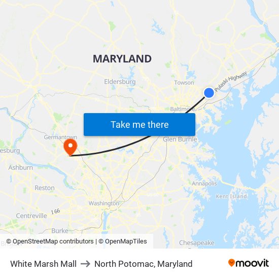 White Marsh Mall to North Potomac, Maryland map