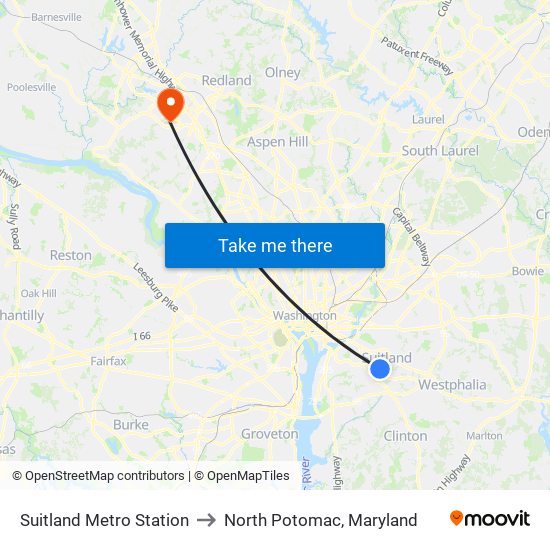 Suitland Metro Station to North Potomac, Maryland map