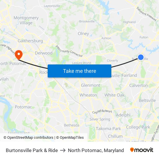 Burtonsville Park & Ride to North Potomac, Maryland map