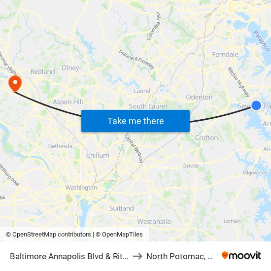 Baltimore Annapolis Blvd & Ritchie Hwy Nb to North Potomac, Maryland map