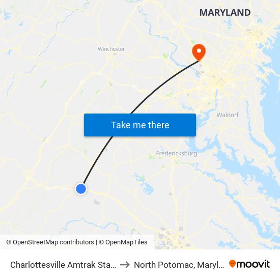 Charlottesville Amtrak Station to North Potomac, Maryland map