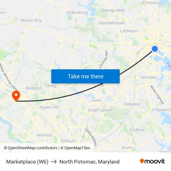 Marketplace (Wb) to North Potomac, Maryland map